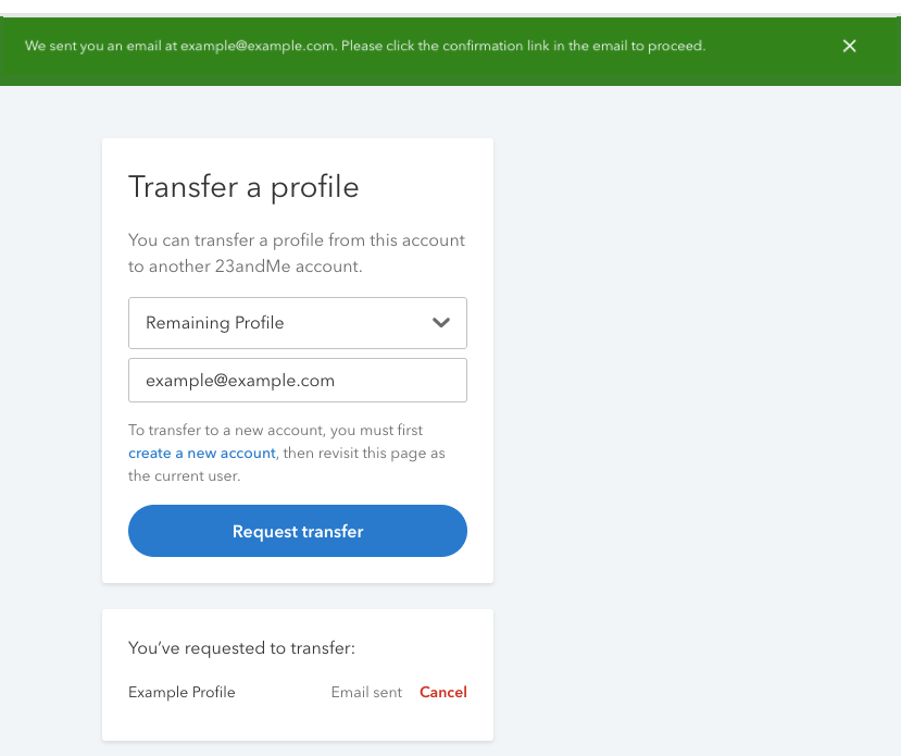 Image shows the profile transfer portal for the initiating account before they have confirmed the transfer in the email they received