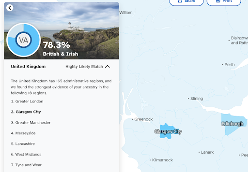 This image shows a more detailed view of an individual's 23andMe ancestry results from the United Kingdom. They have a a number of subregion matches in the United Kingdom that they can see both in the results panel on the left side of their screen as well as on their ancestry map on the right side of their screen. Glasgow city is highlighted in the left panel and in the map.
