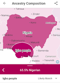 This image shows a more detailed view of another individual's Nigerian ancestry results. There is a map highlighting Nigeria. Overlaid is a region labelled Igbo people. This means this individual has a match to a genetic group called Igbo people, and this map shows where individuals in this genetic group say their ancestors lived.